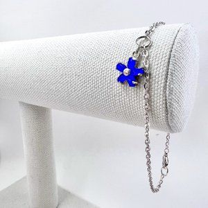Blue Cats Eye Flower Charm Shiny Silver Tone 9” Bracelet / Anklet